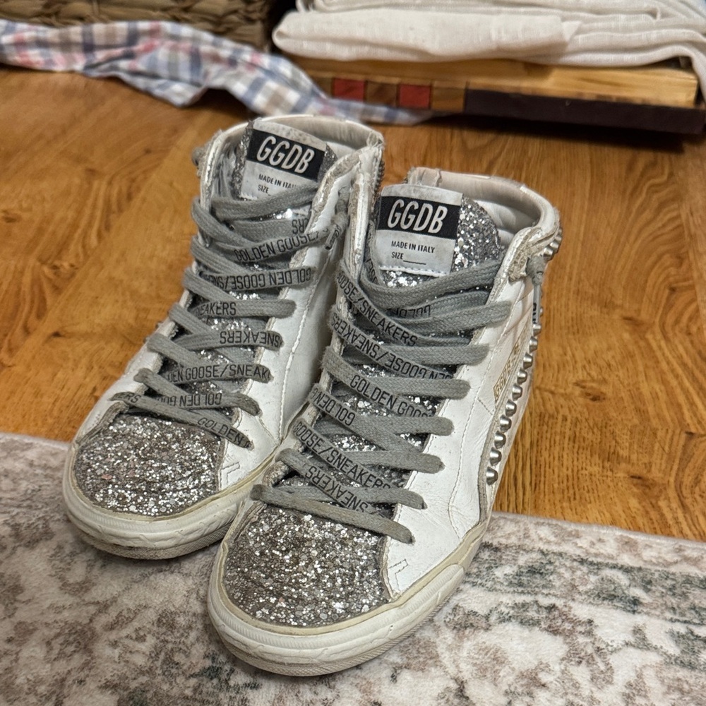 Golden Goose Silver Glitter Slides